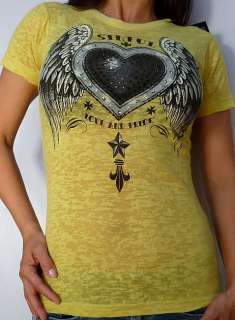 Sinful by Affliction METAL HEART Womans Short Sleeve Tee Shirt 