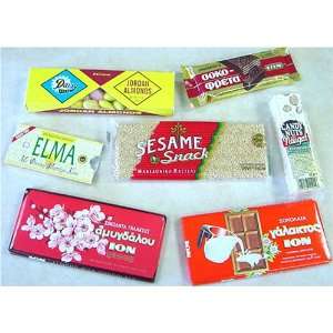 Greek Candy Gift Pack   Chocolate, Sesame Bar, Nougat, Gum, & Jordan 