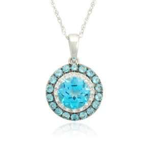 Sterling Silver Swiss Blue Topaz and Diamond Circle Pendant Necklace 