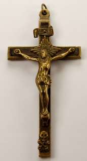   SOLID BRASS CRUCIFIX with SKULL & CROSSBONES & WOOD INLAY NR  