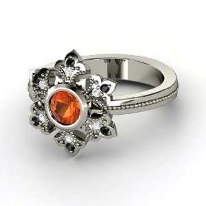   Ring, Round Fire Opal Palladium Ring with White Sapphire & Black