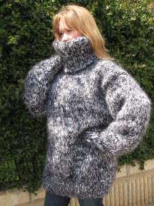 4cm SUPER THICK HAND KNITTED BLACK GREY BIG MOHAIR TURTLENECK SWEATER 
