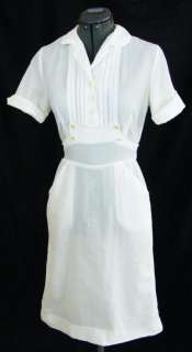   50s Cute Off White Seersucker Day Dress Buttons Pleated 26W S  