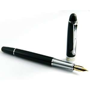   Black Fountain Pen Chrome Carved Ring with Push in Style Ink Converter