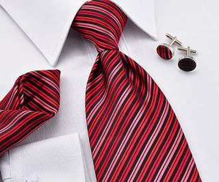 Mens red stripes Tie Jacquard Woven silk Neckties set Cufflinks Hanky 