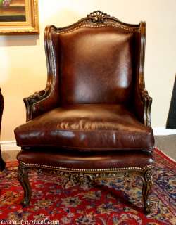 Living Room Carved Leather Arm Wing Gentlemans Chair  