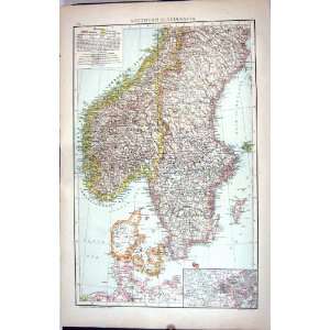  Antique Map C1893 Southern Scandinavia Stockholm Goteborg 