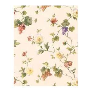 Vines with Flowers and Grapes Peach and Purple Wallpaper in Mulberry 