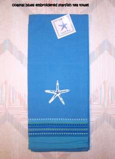 Sea Shells Coastal Blues Embroidered Starfish Tea Towel  