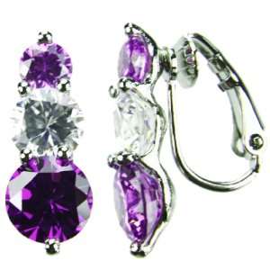   Earrings, Amethyst Colored & Diamond Colored CZs, Clip Jewelry
