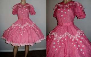   70s Pink Polka Dot Ruffled Square Dance Rockabilly Dress EUC M  