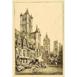  1915 Print Samuel Prout Art Ghent Belgium City Center 