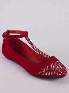 NEW BAMBOO Women Rhinestone Stud T Strap Ballet Flat Dress Shoe sz Red 
