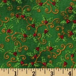  44 Wide 12 Days of Christmas Holly Scroll Green Fabric 