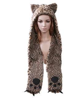 Cartoon Animal Leopard Plush Soft Warm Cap Hat Earmuff Scarf Dark 