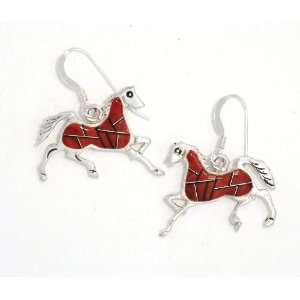  Horse Earrings Inlaid with Spiny Oyster Shell 925 Sterling 