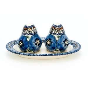  Polish Pottery Blue Art Salt & Pepper Shakers with Tray 