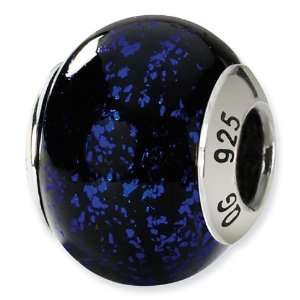  925 Silver Black Blue Speckle Italian Murano Glass Bead 