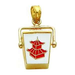  14K Gold Enameled 3D Chinese Take Out Box Pendant Jewelry