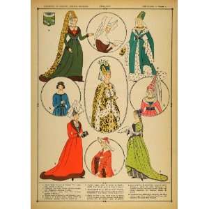 1922 Pochoir Medieval Costume Queen French Women Dress   Orig. Print 