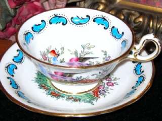 ROYAL CHELSEA BIRDS TURQUOISE HAND PAINTED ENAMEL TEA CUP AND SAUCER 