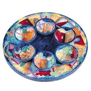   Jerusalem Designed Wooden Seder Plate & 6 small Bowls 