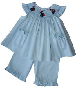 New Boutique hand smocked Mary Poppins bishop & pants baby blue girl 