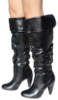 Slouchy Black Leatherette Cuff Knee High Heel Boots  