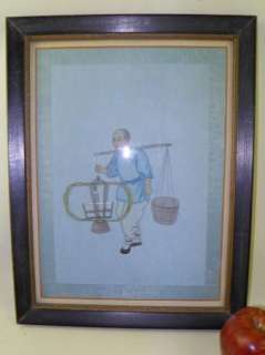 Framed Chinese Watercolor on Silk Man Carrying Tools  