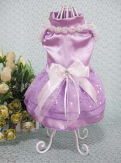 Dog Pet Purple White Wedding Lace Skirt Bowtie Elastic Dress Spangle 