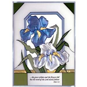  Blue White Iris Religious Painted Art Glass Window 10.25 x 