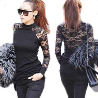 Fashion Chic Lace Polo neck Sexy Women Blouse Jumper Top Long Sleeve 