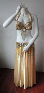 New belly dance costume 3PCS bra&skirt and belt   Gold  