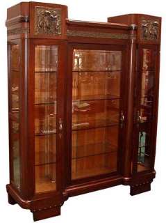 Matched Pair of Italian Mahogany Curio Cabinet with Cast Bronze Cupid 