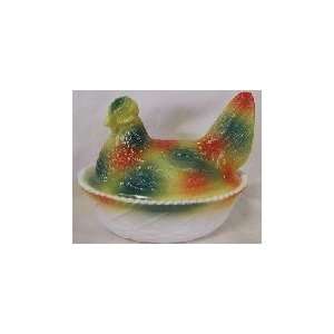  5 Glass Painted Tye Dye Chicken on Nest Basket Covered 