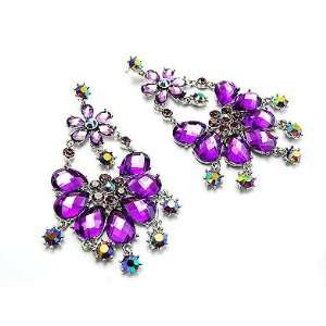   Dangle Flower Crystal Fashion Earrings Purple 