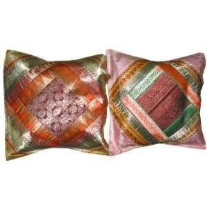 com Vintage Sari Cushion Covers 2 Olive Green Pink Silk Zari Borders 
