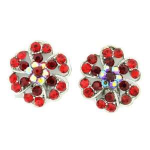Aurora Borealis (AB) Red and Siam Red Austrian Crystals Flower Clip On 