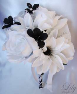 17pcs Wedding Bridal Bouquet Flower Package BLACK WHITE  