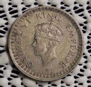 1943 BRITISH INDIA 1/2 RUPEE SILVER COIN XF  