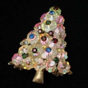Christmas Tree Pin Shimmering Rosettes and Rhinestones Vintage Xmas 