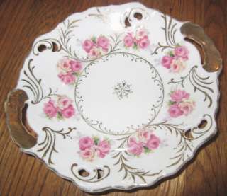 Vintage Lefton Rose Garden Handled Small Cake Plate gold dish  