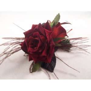  NEW Dark Red Velvet Double Rose Hair Flower Clip, Limited 