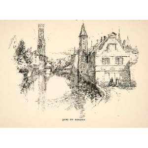  1905 Lithograph Quai Rosaire Belfry Bruges Belgium Tower 