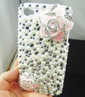 Pearl Rose Crystal Bling Hard Back Case for iPhone 4 4G 4GS Pink PC14 