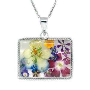   Silver Pressed Flower Square Pendant with Rope Edge, 18 Jewelry