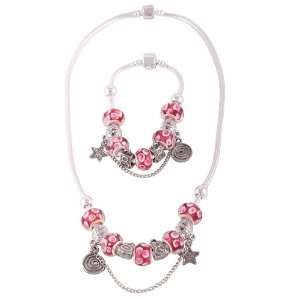  Silver Designer Style Red Charm Beaded Necklace Bracelet 