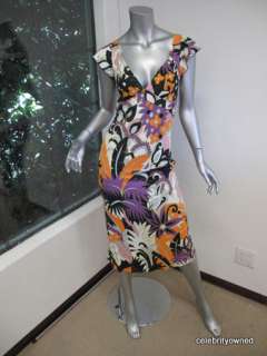 Etro Multi Color Floral V Neck Ruffle Sleeve Mid Calf Dress 40  