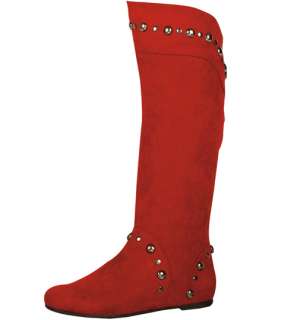 WOMENS SHOES RED SUEDE KNEE HIGH BOOTS FLAT/LOW HEELS  