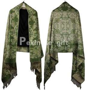 New 55% Pashmina 45% Silk Cashmere Scarf Wrap Shawl Jaquard Green 